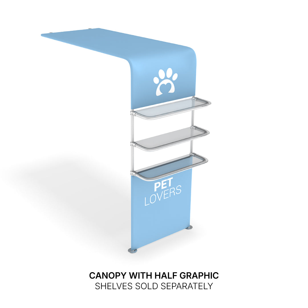 Canopy display with three shelves and pet-themed graphics for trade shows and exhibitions