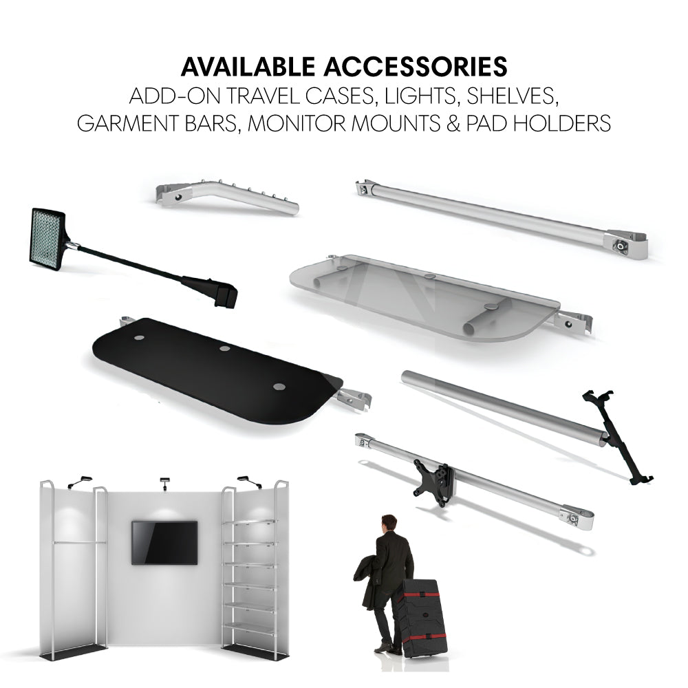 Trade show display accessories including add-on shelves, lights, garment bars, monitor mounts, and travel cases