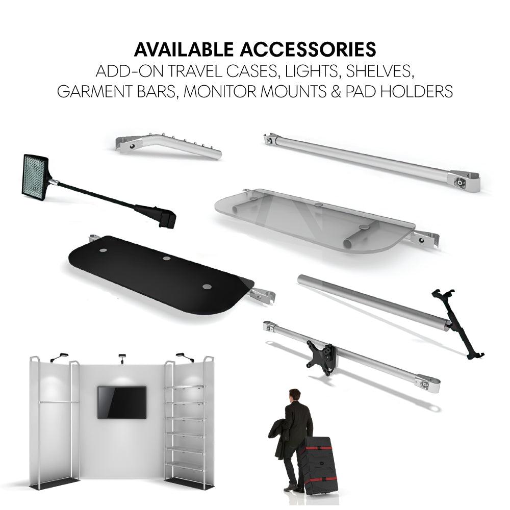 Trade show display accessories including travel cases, lights, shelves, garment bars, monitor mounts, and pad holders for exhibitions