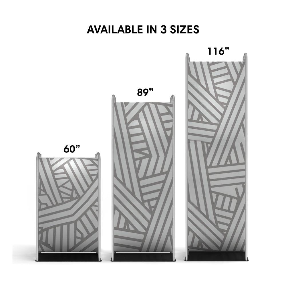 Three sizes of trade show fabric displays with modern geometric pattern for exhibitions and events
