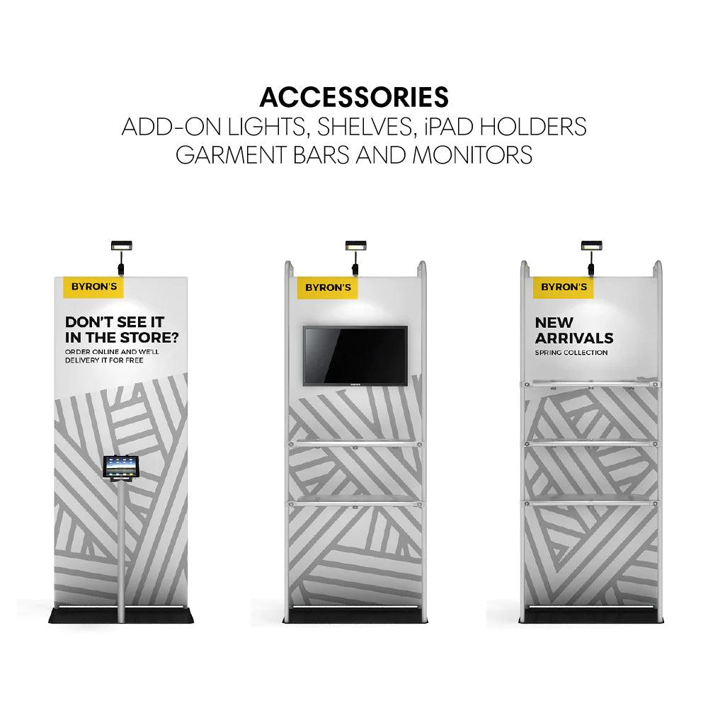 Trade show display panels with monitor, shelves, and iPad holder showcasing accessories for exhibitions and events