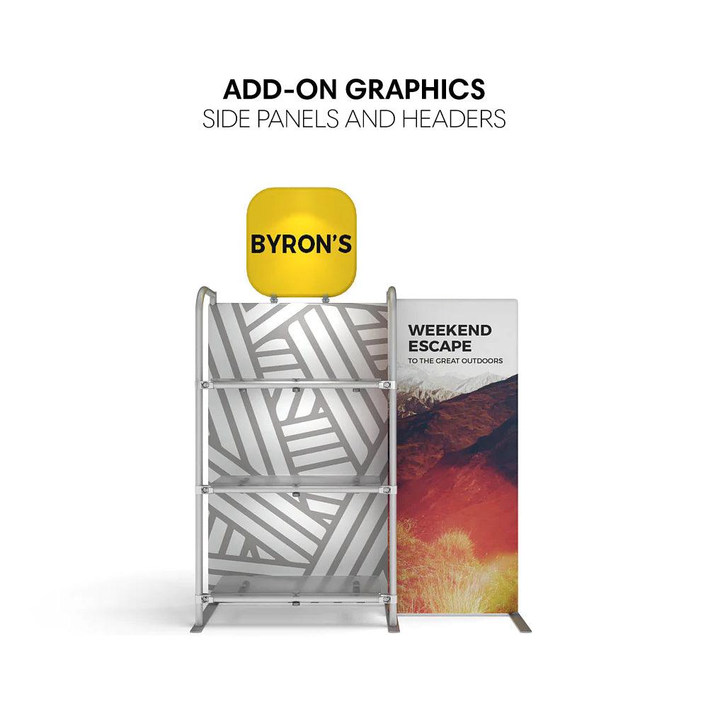 Trade show merchandiser display with shelving and customizable side panel graphics for exhibitions