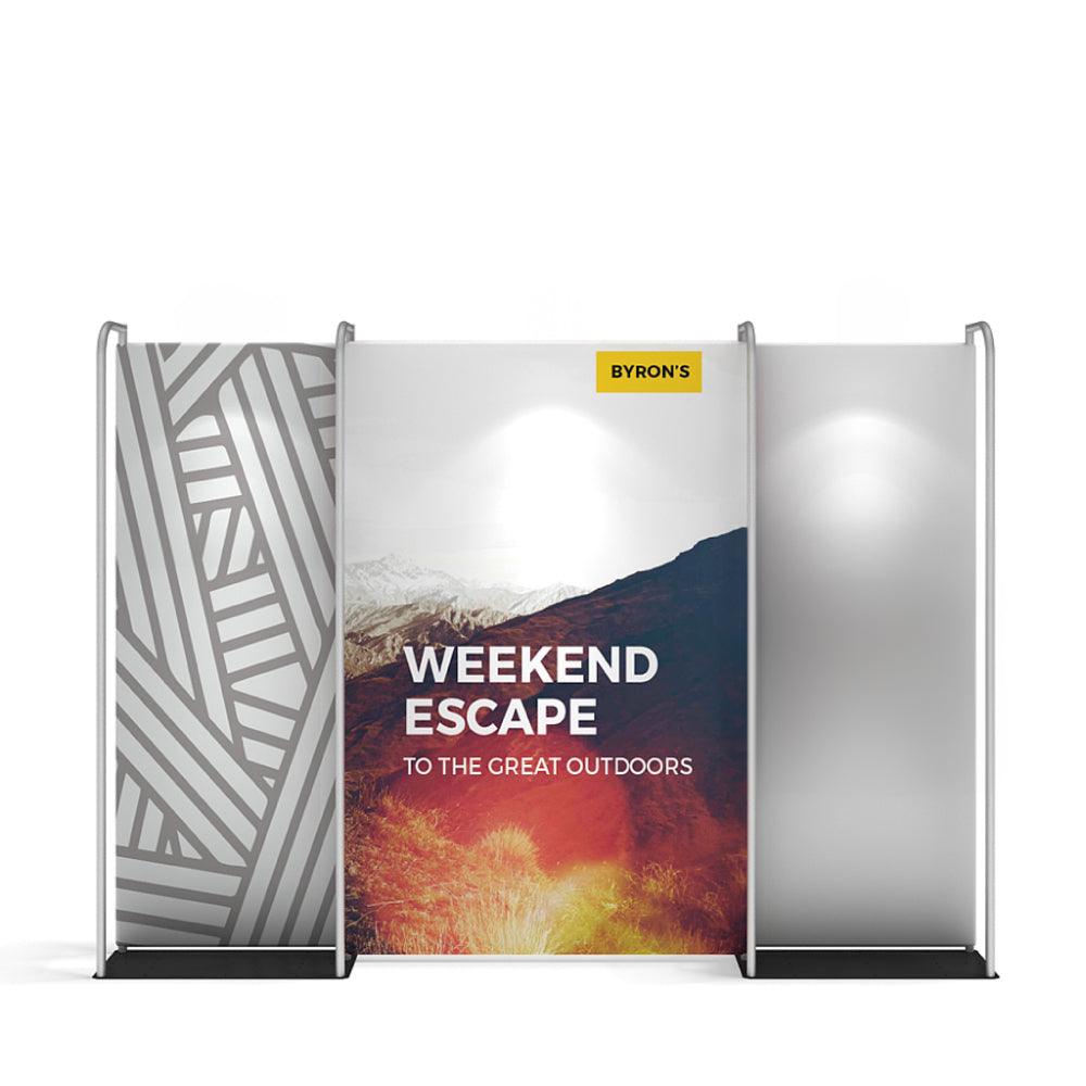 Three-panel trade show display featuring outdoor adventure graphics and branding for exhibitions and events