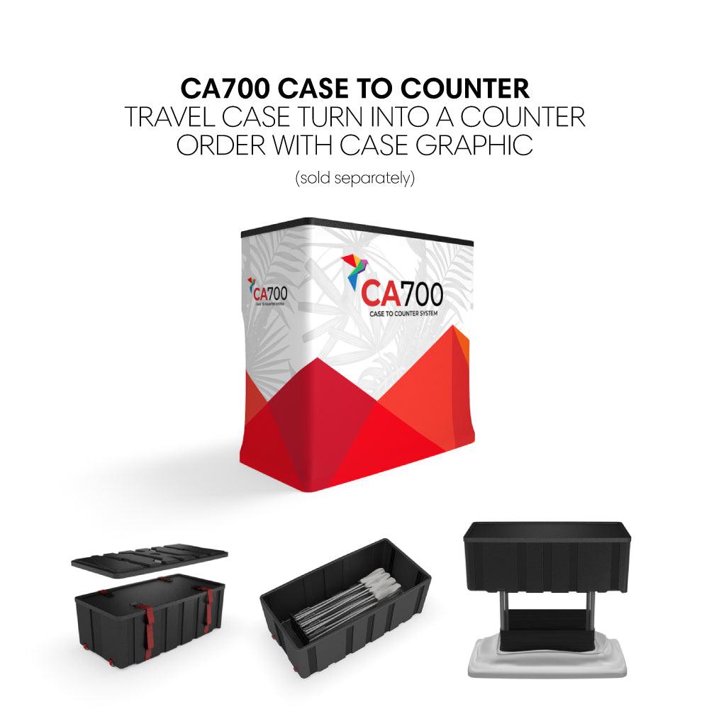 CA700 travel case transforming into a counter with graphic for trade shows and exhibitions