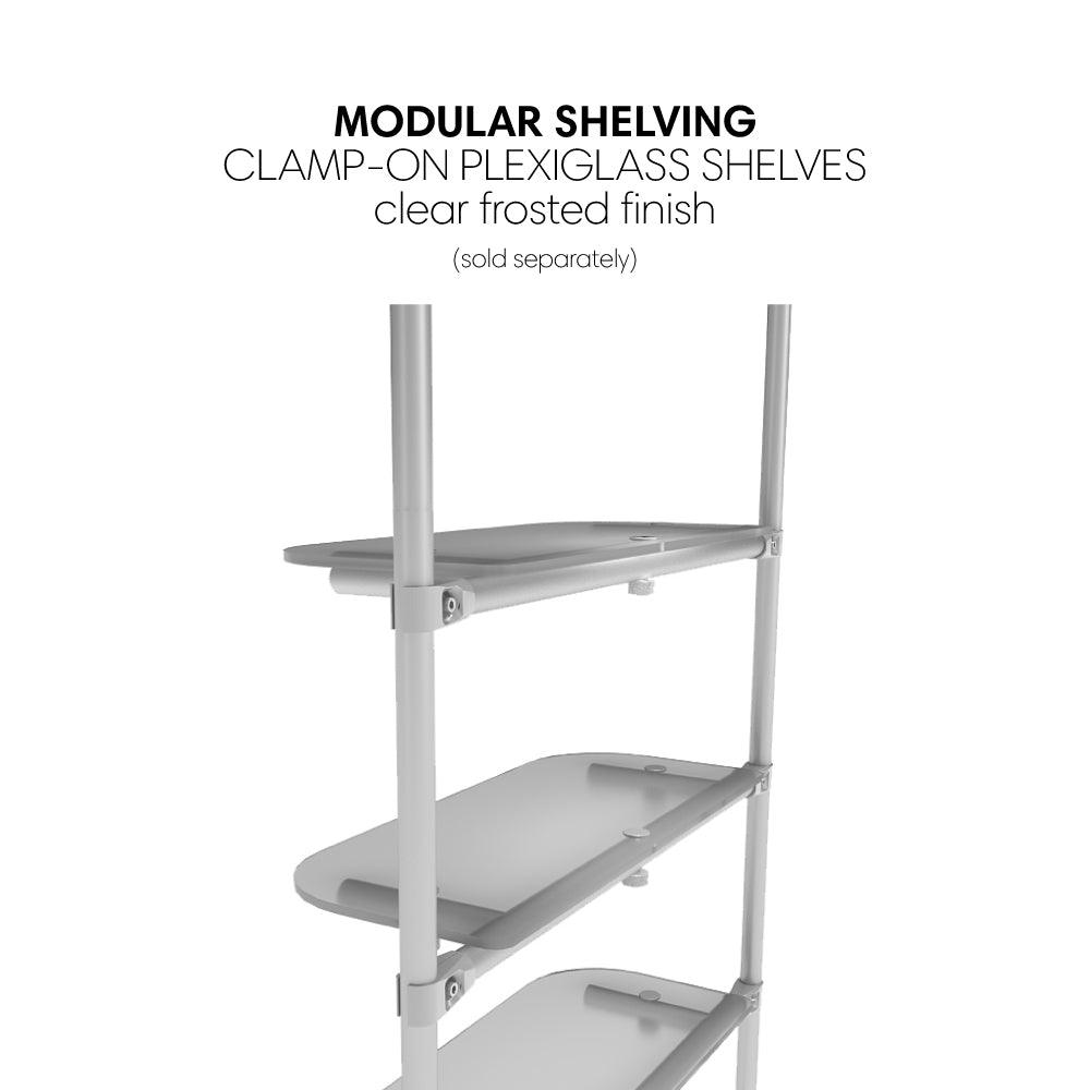 Modular shelving with clamp-on plexiglass shelves for trade show and exhibition displays
