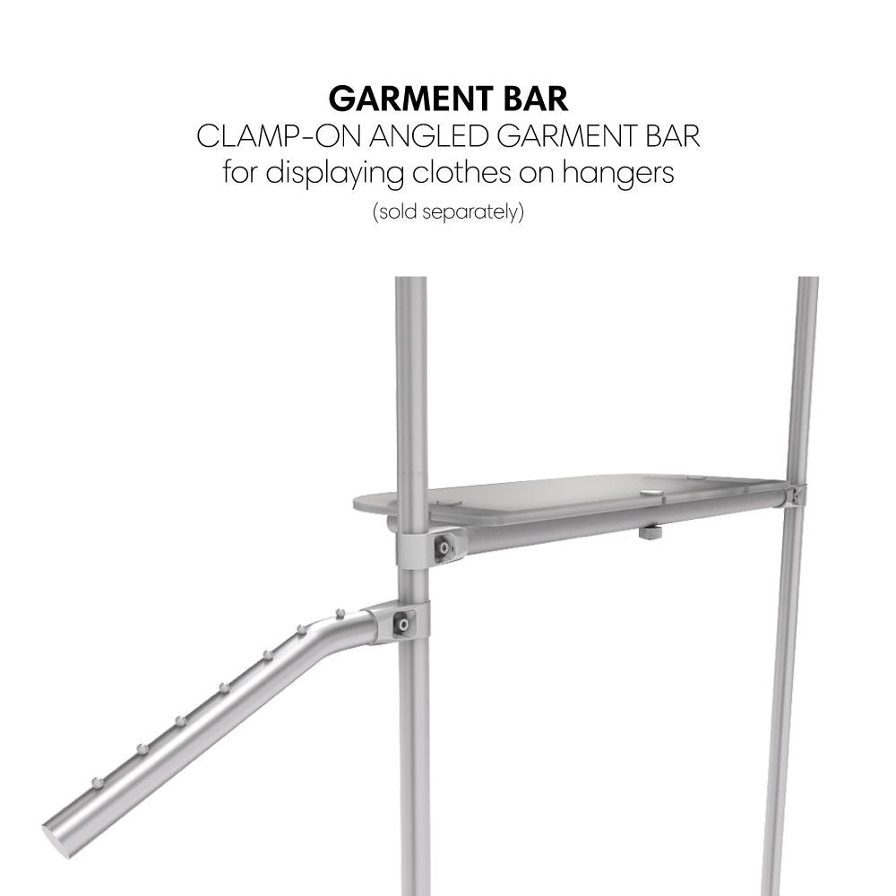 Clamp-on angled garment bar accessory for trade show clothing display systems