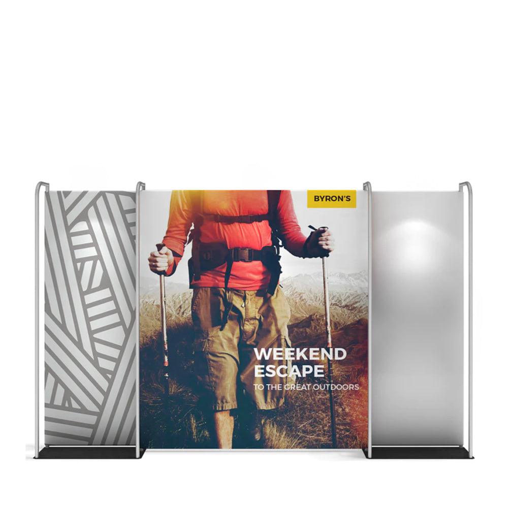 Trade show display with graphic panels promoting outdoor adventure, ideal for exhibitions and events