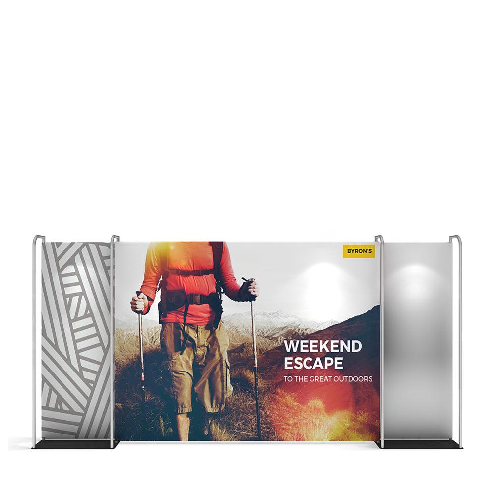 Trade show display booth featuring graphic panels with outdoor adventure hiking theme for exhibitions