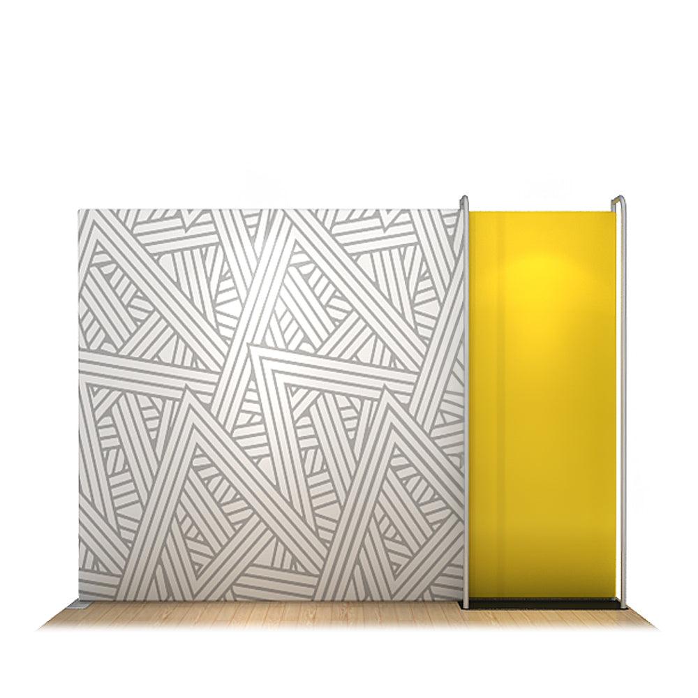 Trade show display featuring patterned backdrop and fabric panel for exhibitions and events