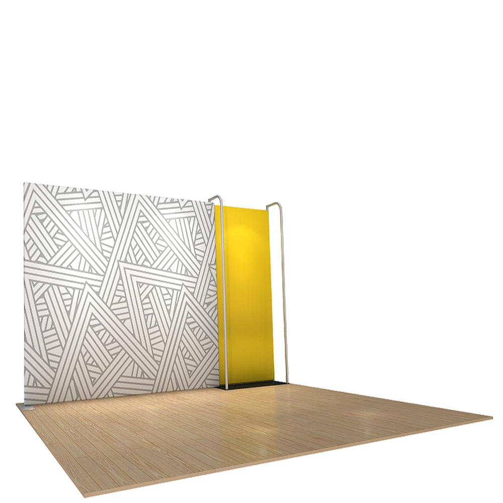 Modular trade show display with geometric patterned back wall and standalone panel for exhibitions