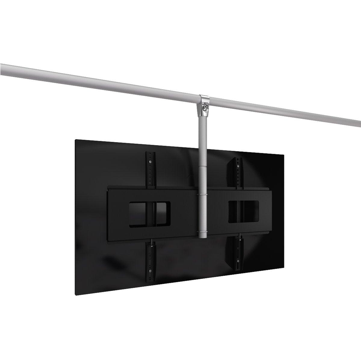 Monitor bracket with VESA mount attached to a horizontal trade show pipe rail for exhibition displays