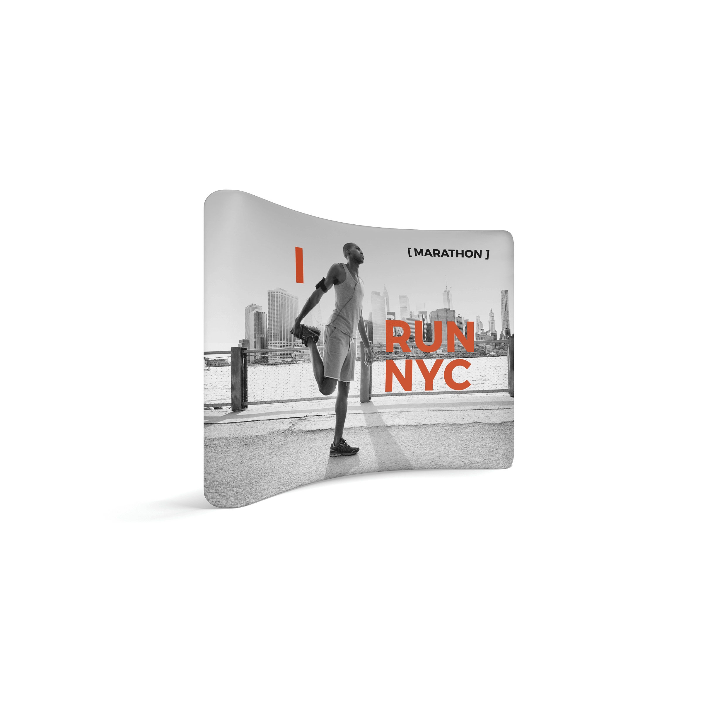 Curved 10ft trade show display featuring marathon runner stretching with NYC skyline backdrop