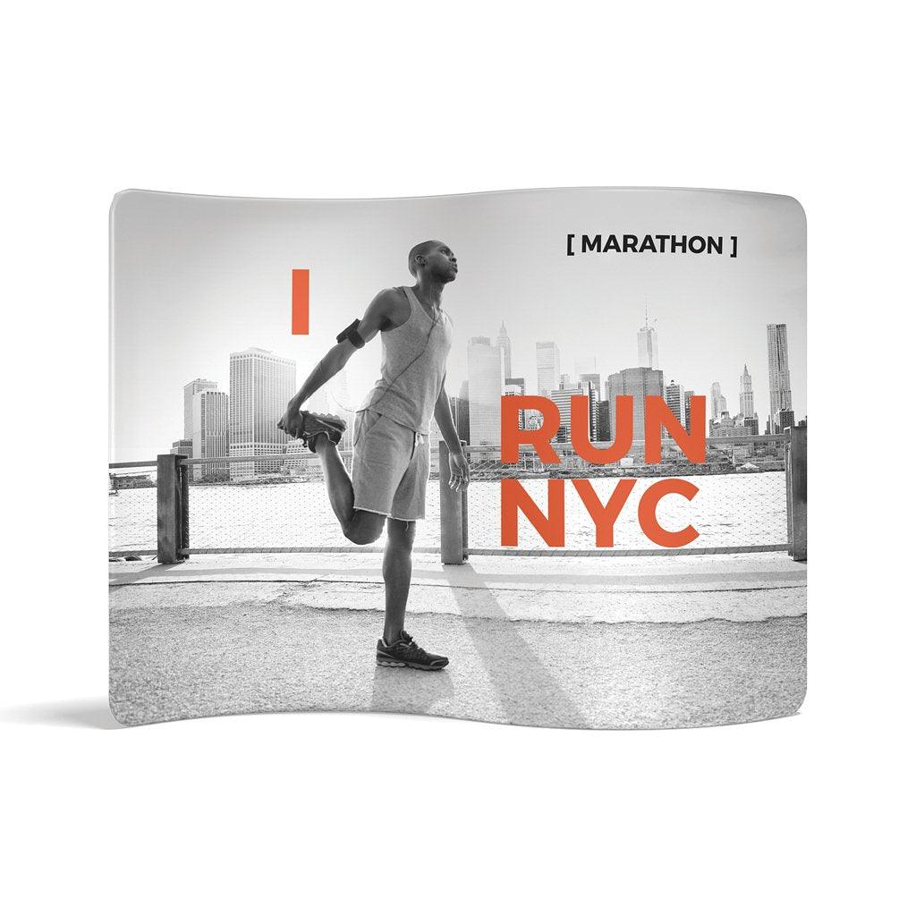 Tradeshow serpentine display featuring marathon running theme with city skyline background