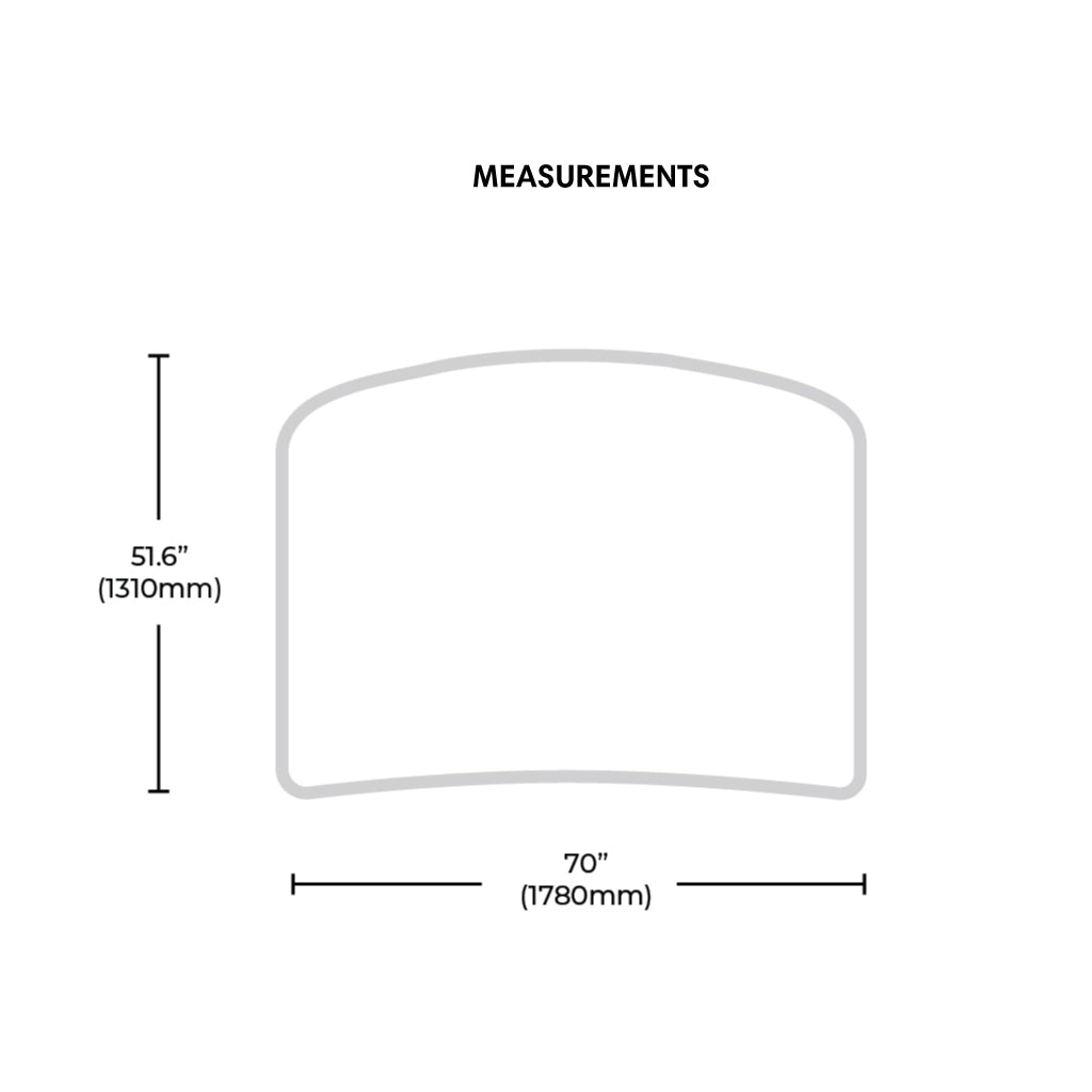 Curved tabletop silhouette with measurements for trade shows, exhibitions, and special events display