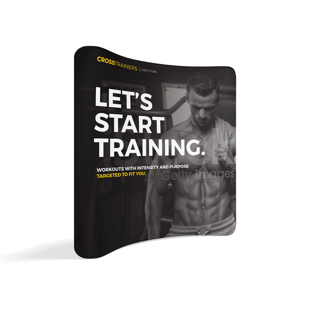 Curved trade show display featuring fitness training promotion with muscular man and motivational text