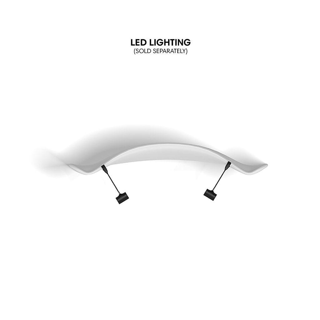 Curved trade show display panel with two attached LED lights for exhibitions and events