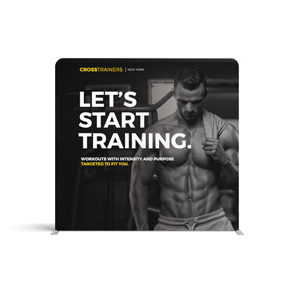 trade show display with muscular man and motivational fitness training message for exhibitions and events