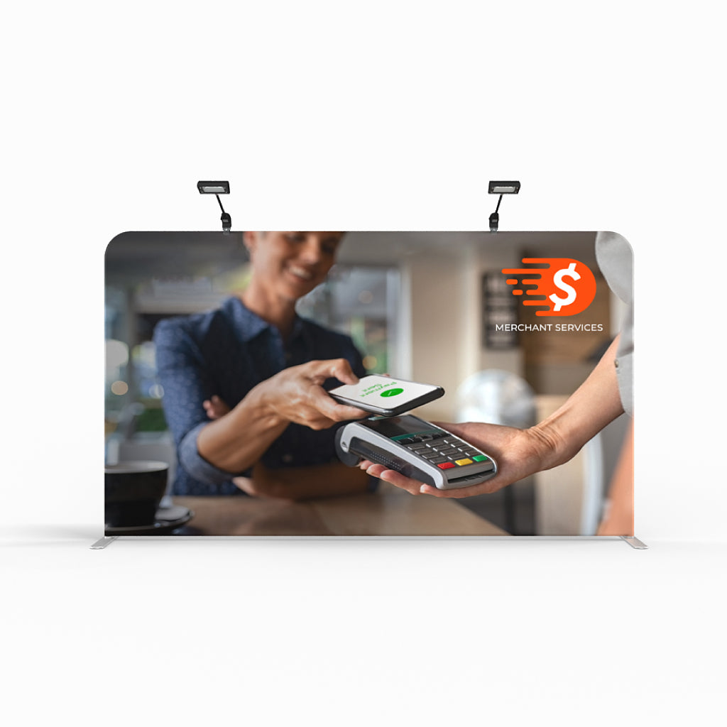 Trade show tabletop display featuring contactless mobile payment and merchant services branding