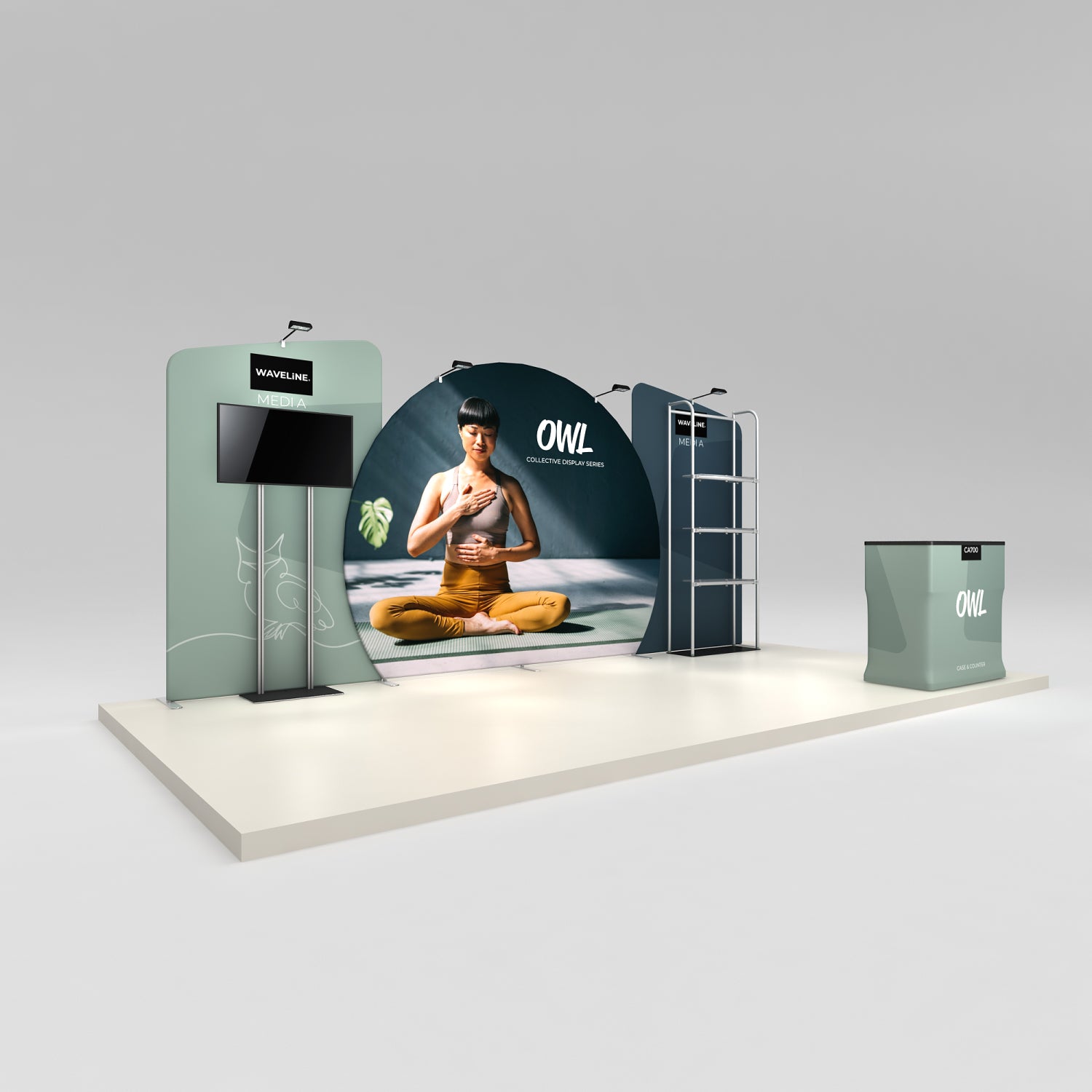 Trade show booth with curved display, media stand, shelving, and counter showcasing OWL branding