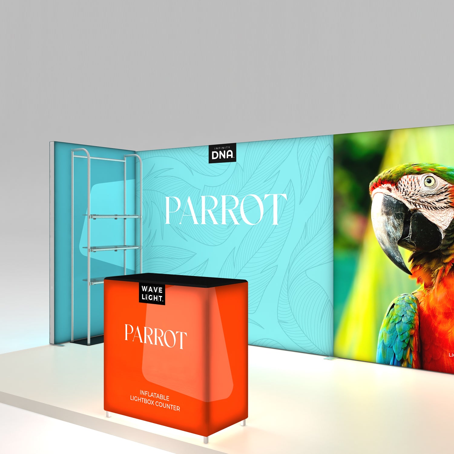 Trade show display featuring inflatable lightbox counter and large graphic wall with parrot image