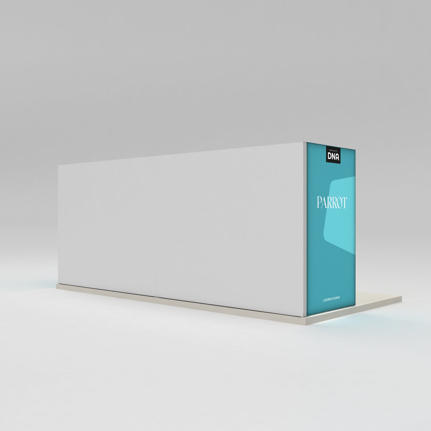 Large modular trade show booth with lightbox display panel branded Parrot for exhibitions