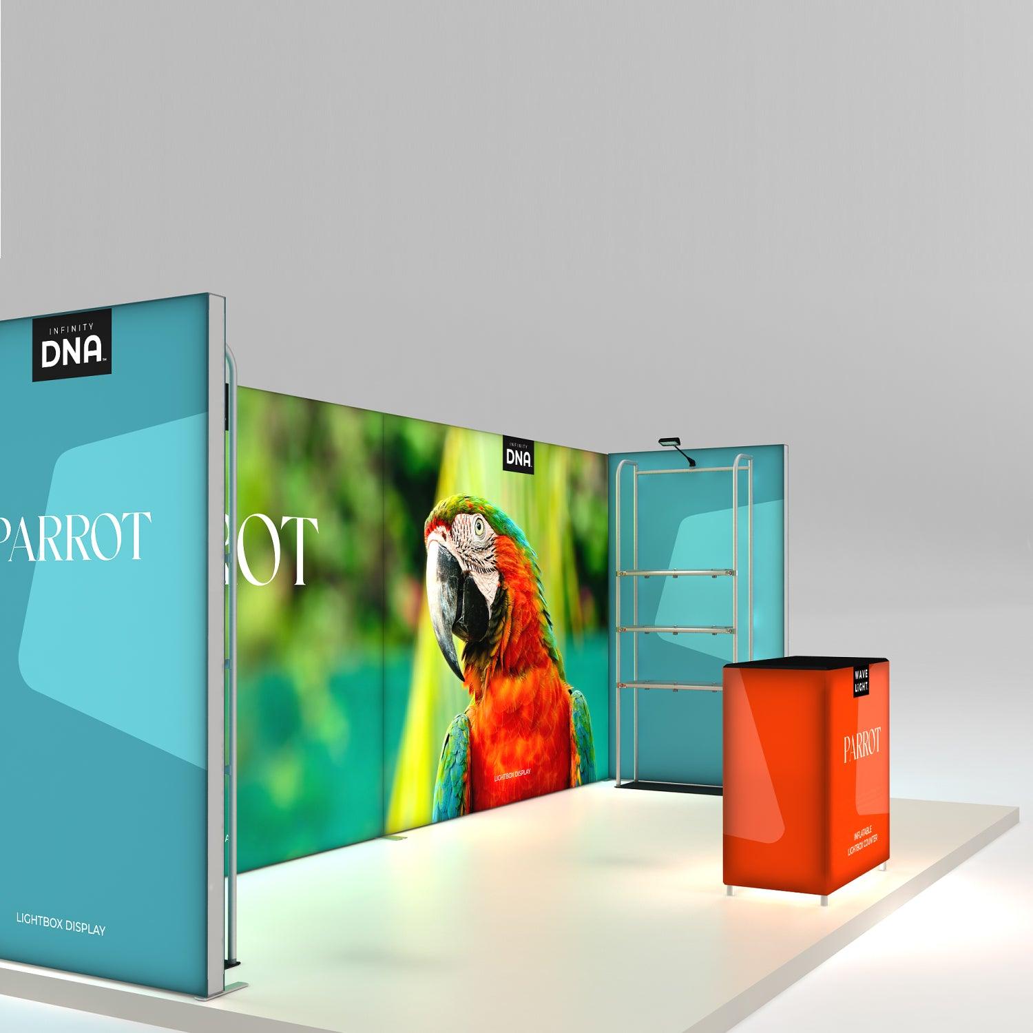 Lightbox display trade show booth with large parrot graphic and illuminated counter for exhibitions