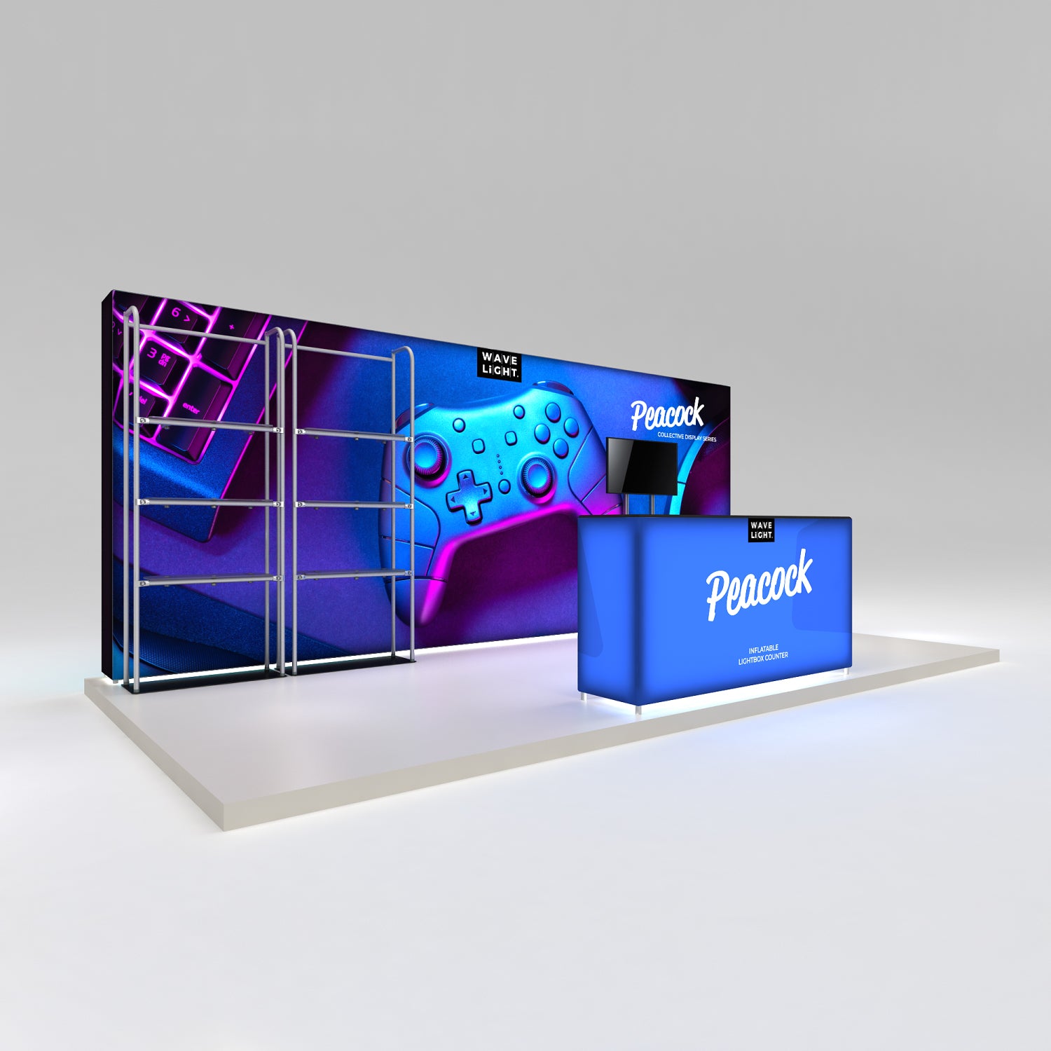 Trade show display featuring an inflatable lightbox counter and graphic backdrop with a gaming controller and keyboard image