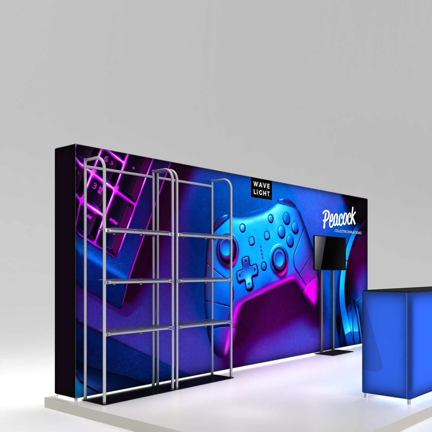 Trade show display with large graphic backdrop featuring gaming controller and keyboard, shelving, and monitor stand