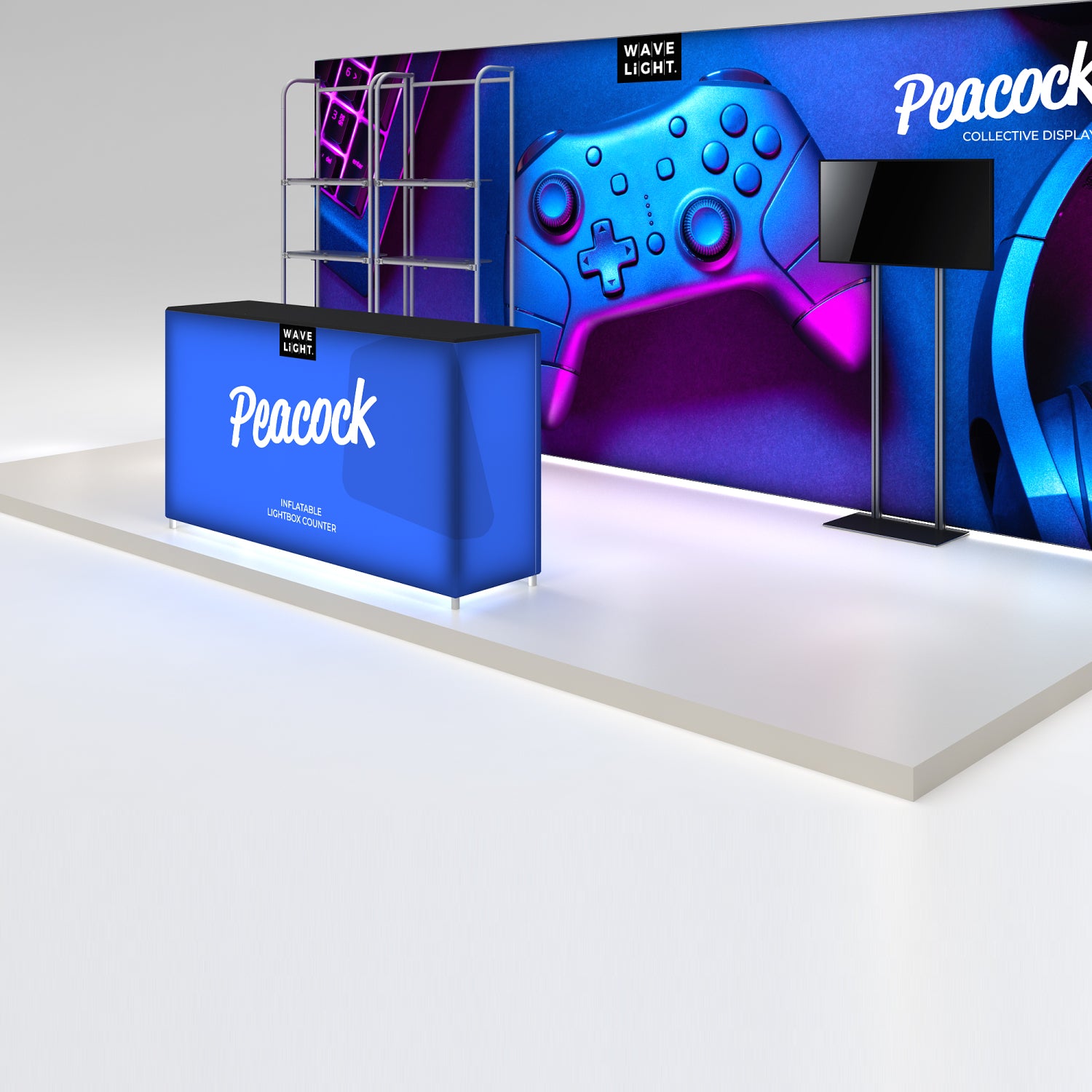 Trade show booth setup with illuminated lightbox counter, large graphic backdrop, and digital display stand