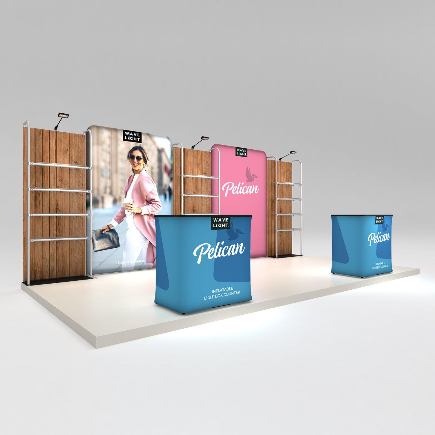Trade show display with inflatable lightbox counters and backlit fabric displays for exhibitions and special events