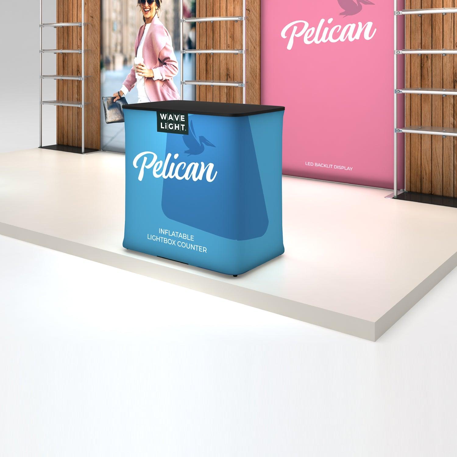 Inflatable lightbox counter with Pelican branding at trade show booth for exhibitions and events
