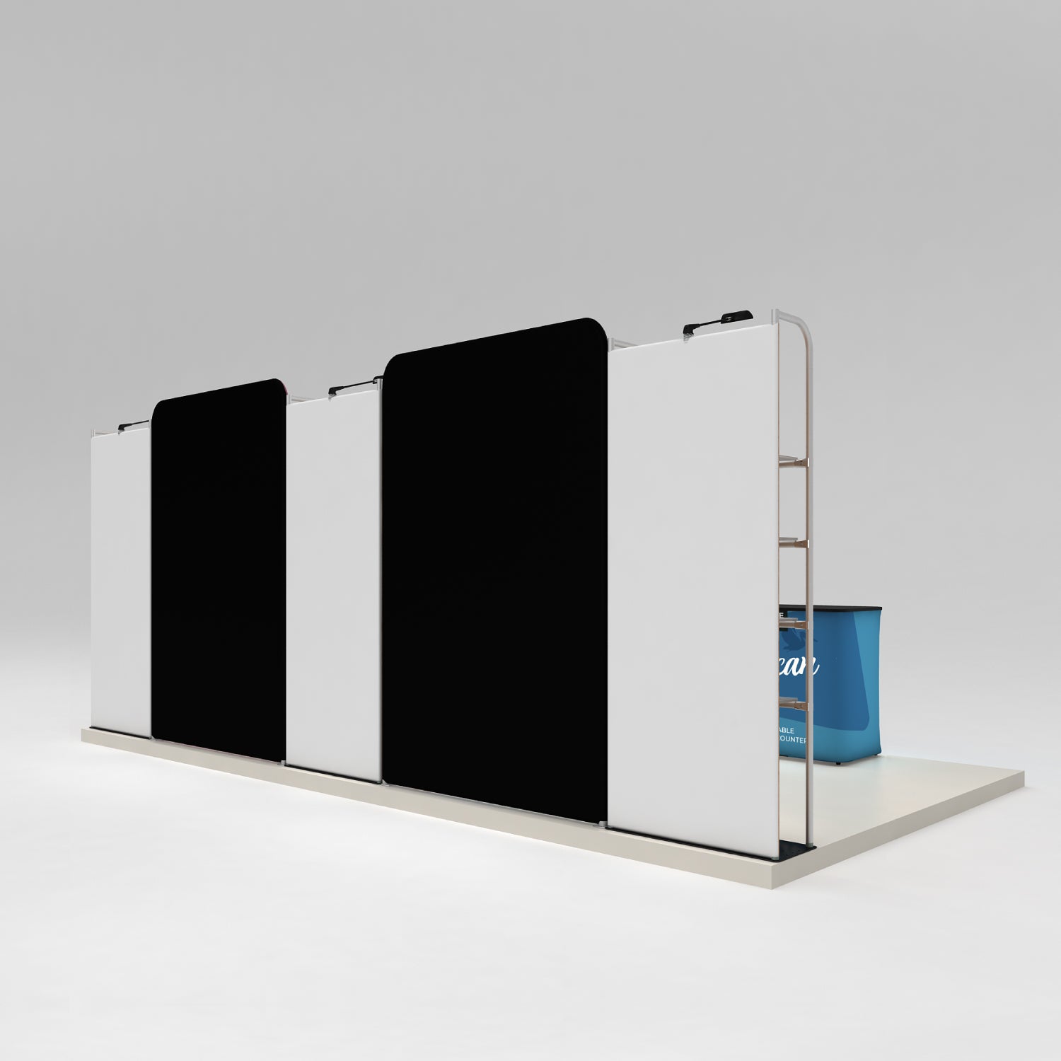 Modular trade show exhibition stand with tall partition panels and portable counter display