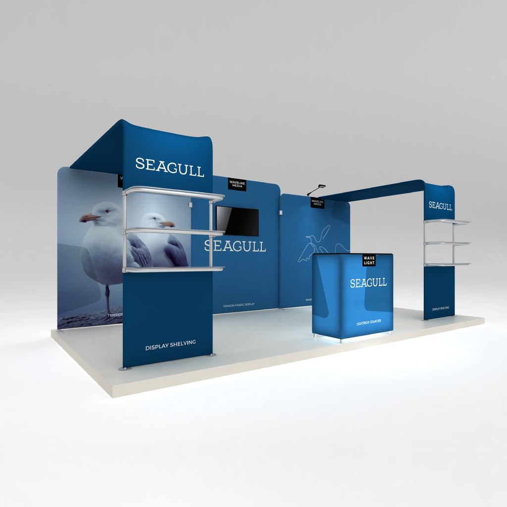 Trade show exhibition booth with tension fabric display, lightbox counter, and shelving for product showcasing