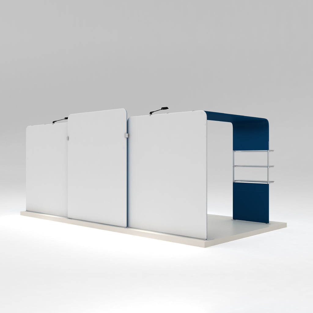Modular trade show booth with curved panels and shelving for exhibitions and special events