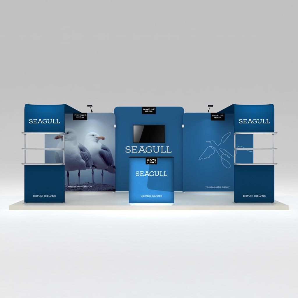 Trade show exhibit with tension fabric displays, lightbox counter, display shelving, and branding for Seagull