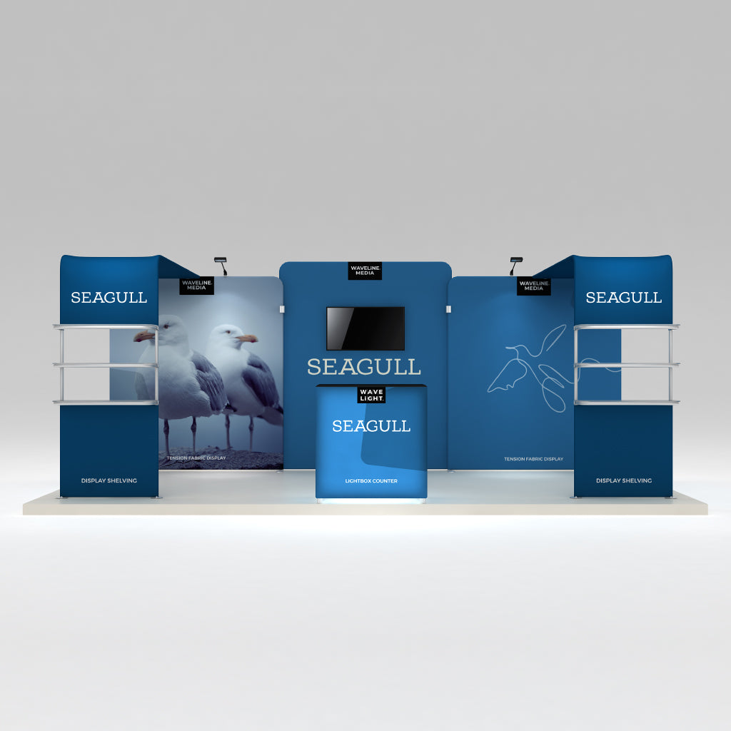 Trade show exhibit with tension fabric displays, lightbox counter, display shelving, and branding for Seagull