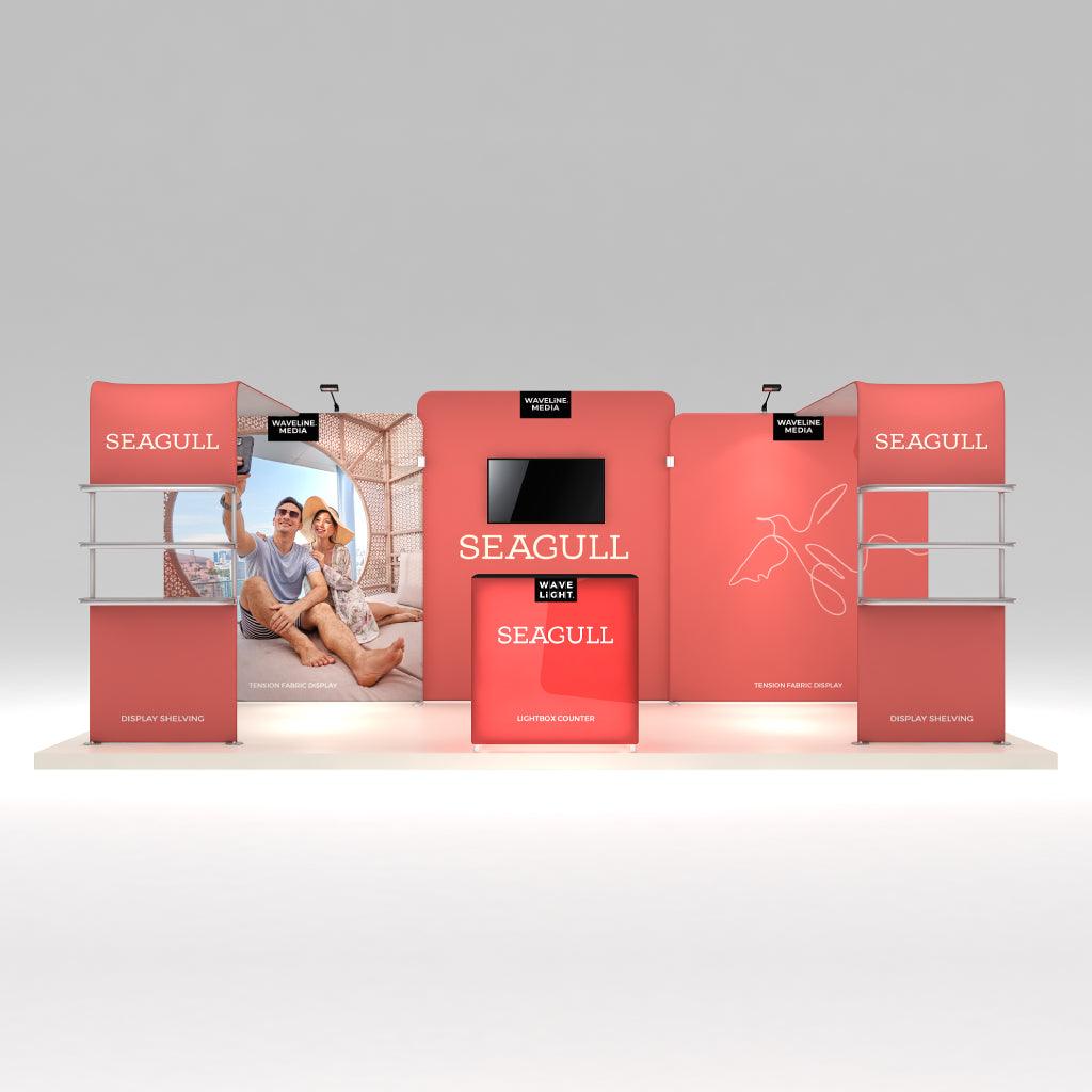Trade show booth with tension fabric displays, lightbox counter, display shelving, and monitor for exhibitions
