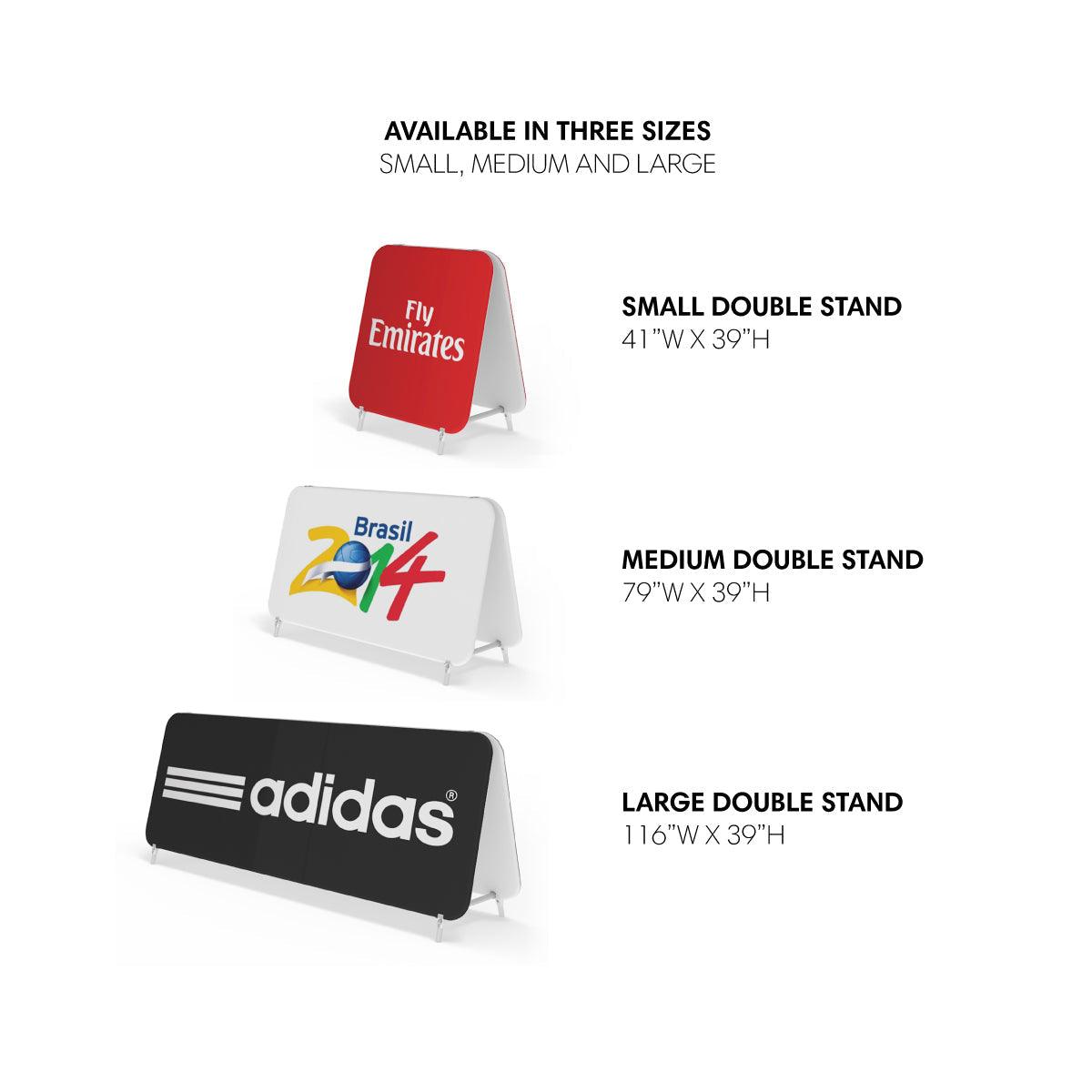 Three sizes of double stand displays for trade shows and events with branded graphics shown
