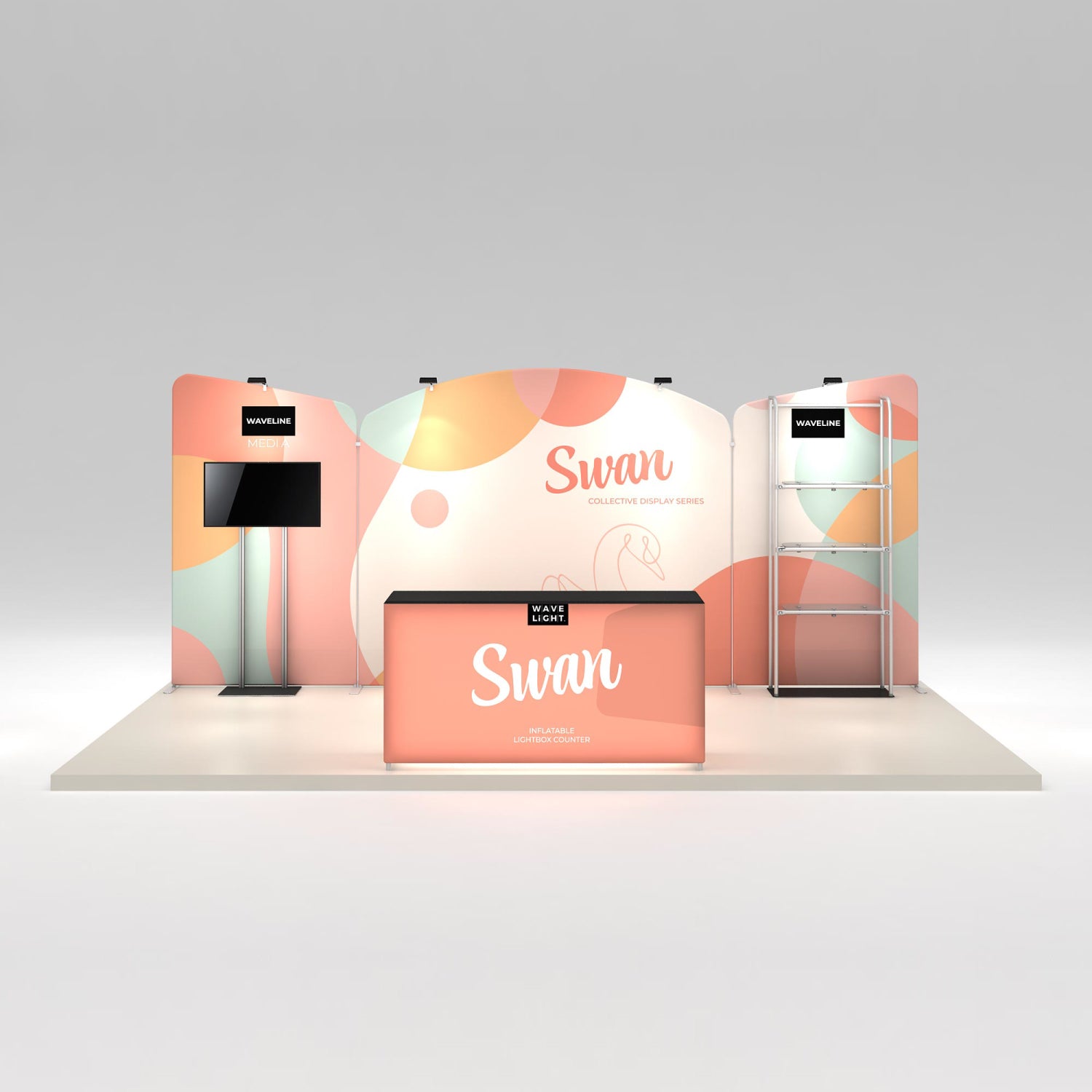 Trade show display featuring Swan inflatable lightbox counter, branded backdrop, and media stand