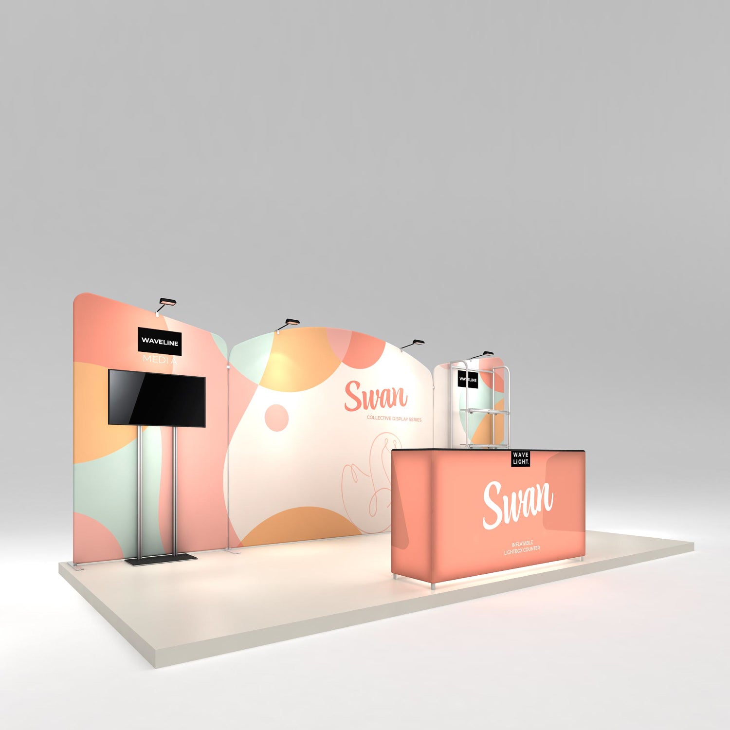 Trade show display booth with curved backdrop, media wall with TV, and inflatable lightbox counter for exhibitions