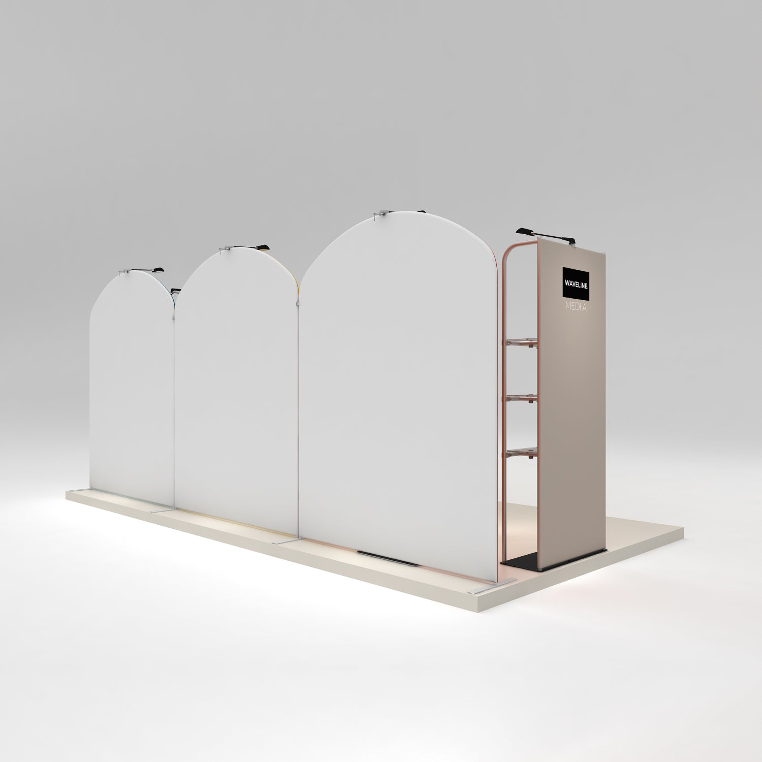 Modular trade show display booth with arch-shaped panels and integrated lighting for exhibitions