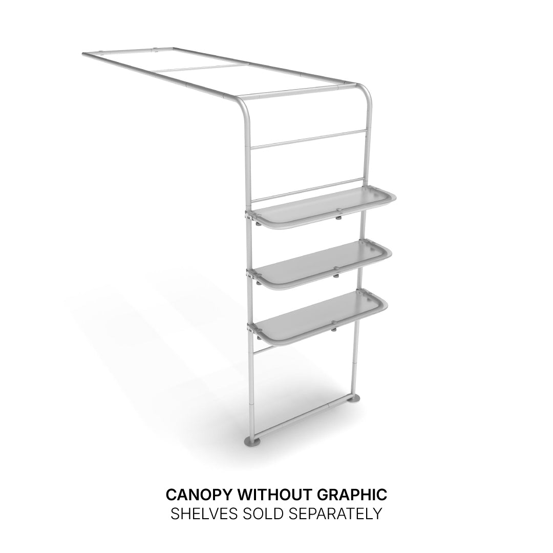 Trade show canopy frame with three display shelves for exhibitions and special event setups