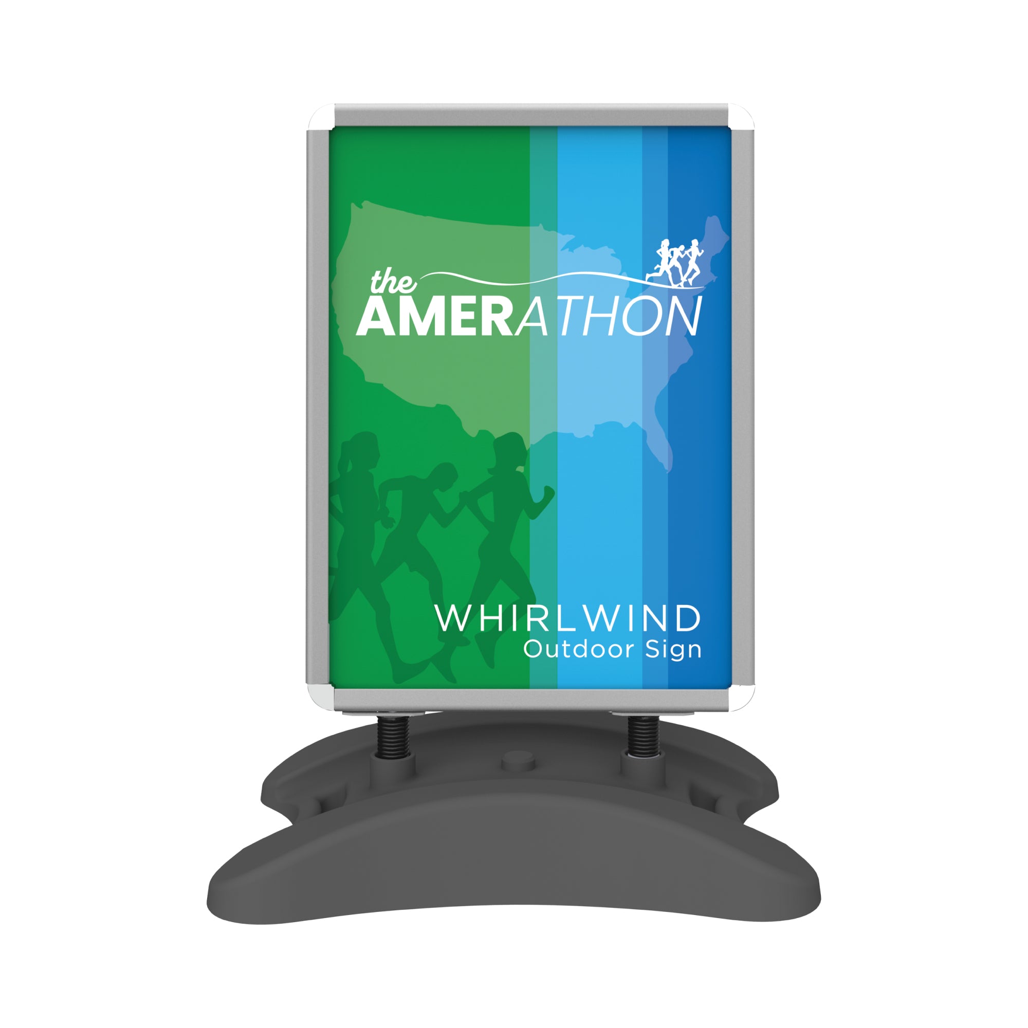 Whirlwind outdoor sign featuring runner graphic and USA map for trade shows and events