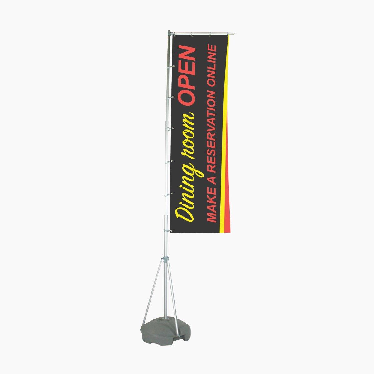 Tall freestanding flag banner with printed message, ideal for trade shows and event promotions