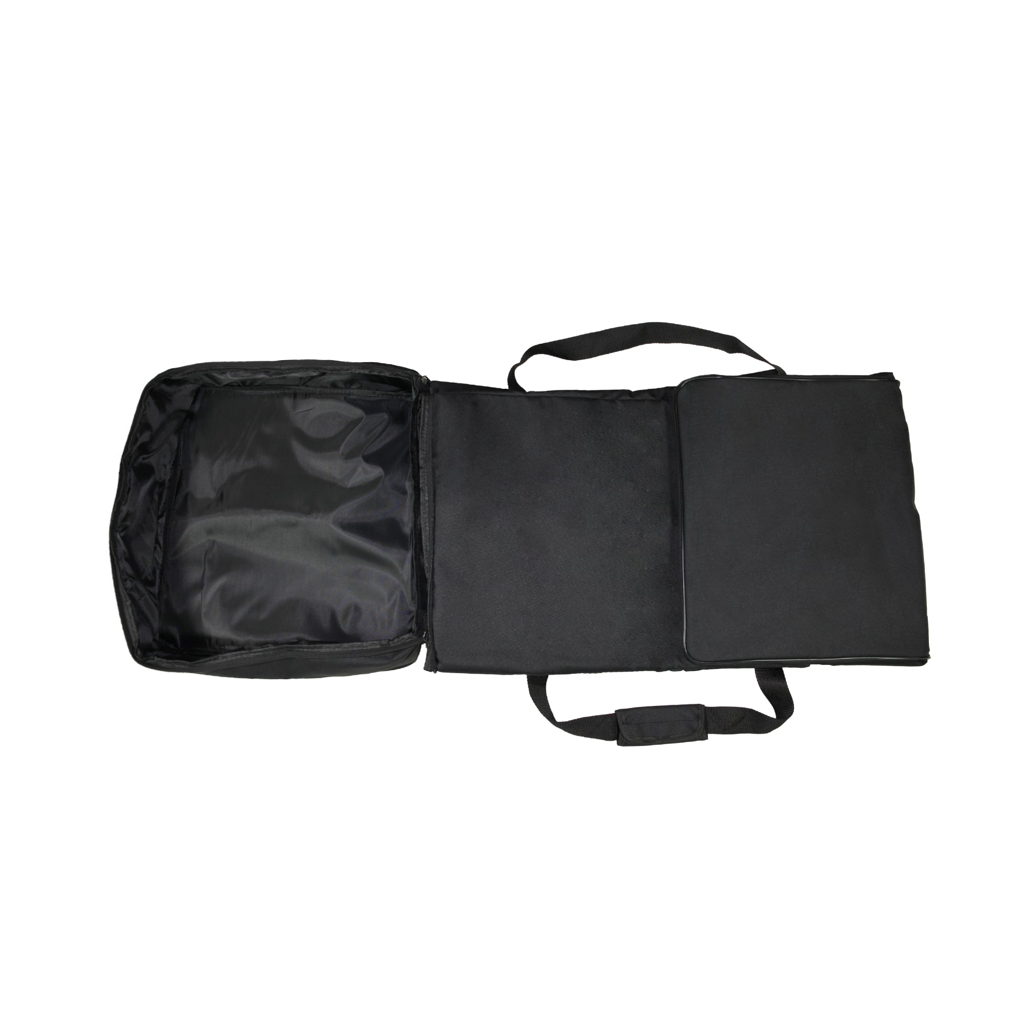 Folded trade show exhibition bag with multiple compartments and carrying straps for easy transport