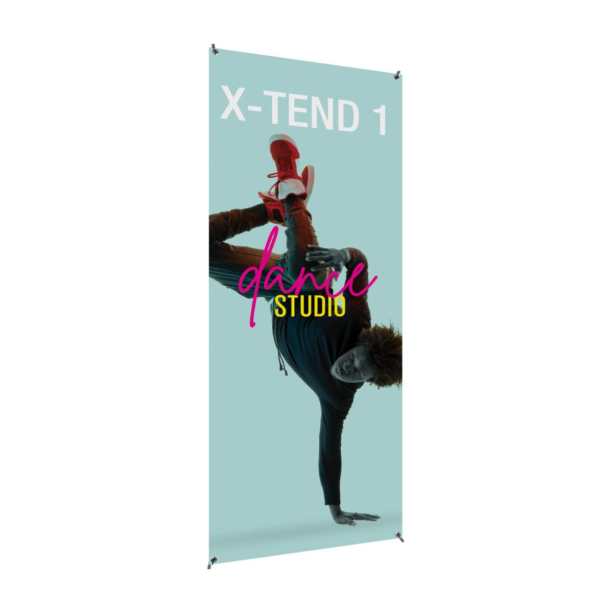 Trade show banner stand displaying dynamic dance studio advertisement with breakdancer image for exhibitions