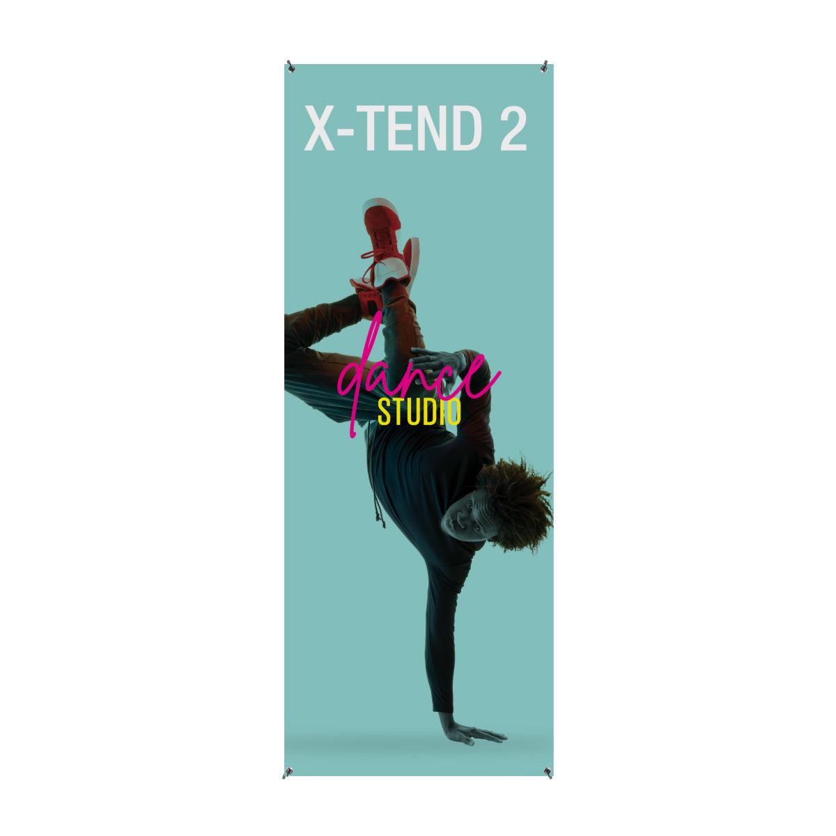 Vertical banner stand for trade shows featuring dynamic dancer image and text promoting dance studio