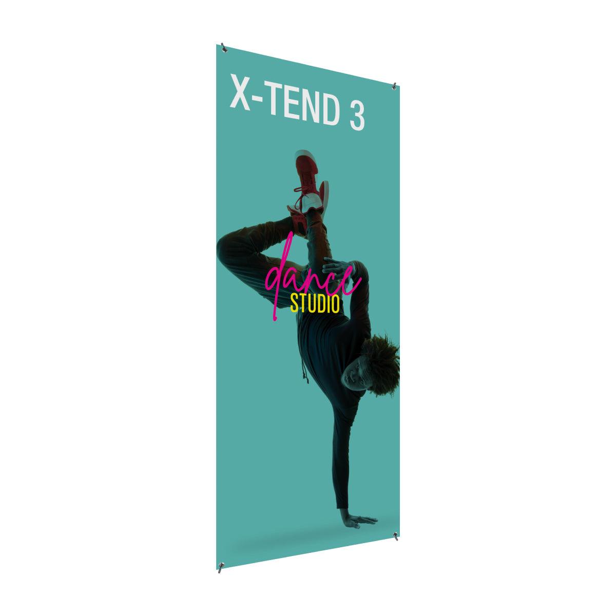 Vertical banner stand with dance studio advertisement featuring a breakdancer for trade shows and events