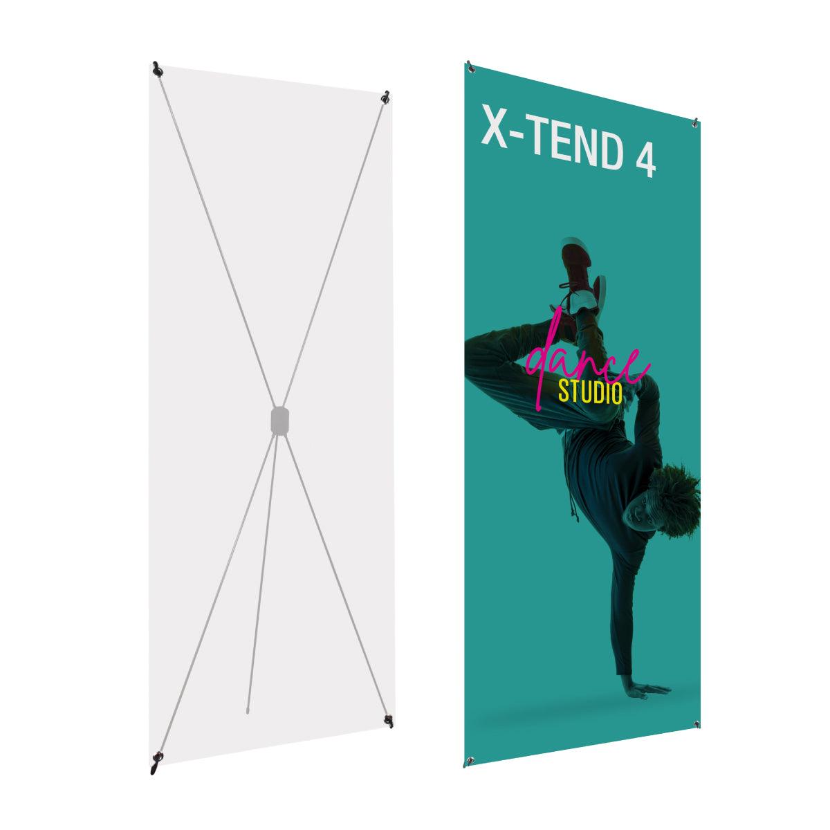 Trade show banner stand with X-shaped frame displaying dance studio promotional graphic for exhibitions and events