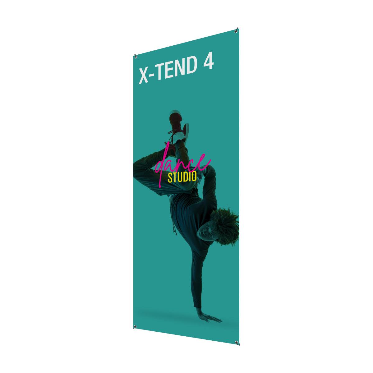 Tall fabric banner stand featuring dynamic dance studio promotion for trade shows and exhibitions